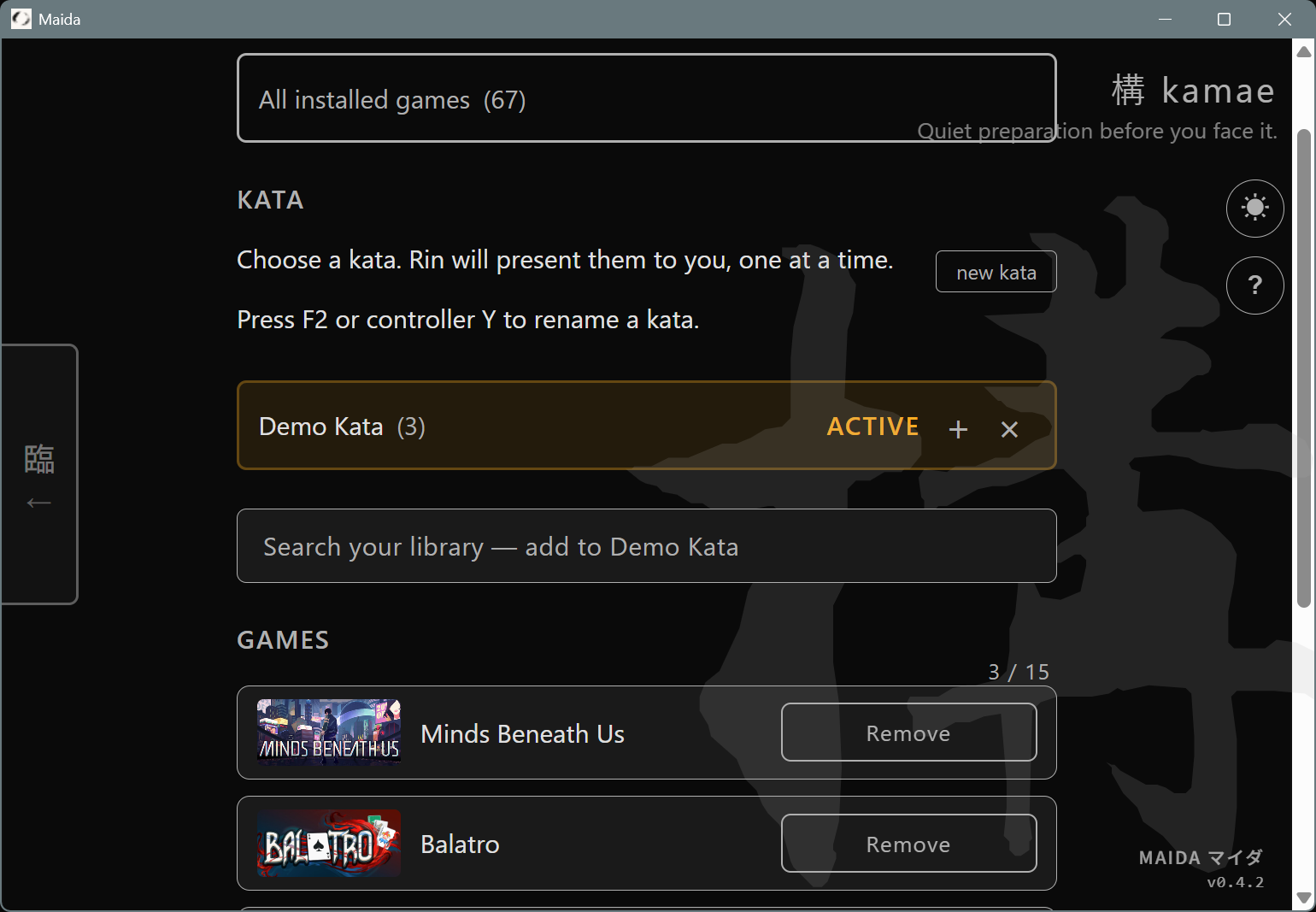 Maida Kamae view: game library with Kata groupings