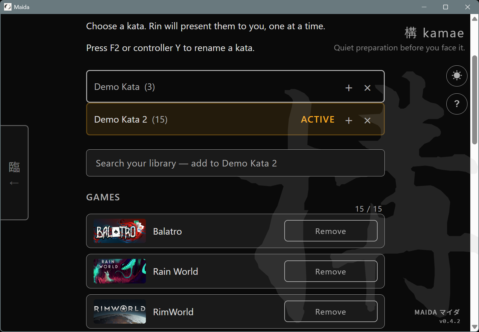 Maida Kamae view showing two katas side by side with one active, search bar, and Steam game covers