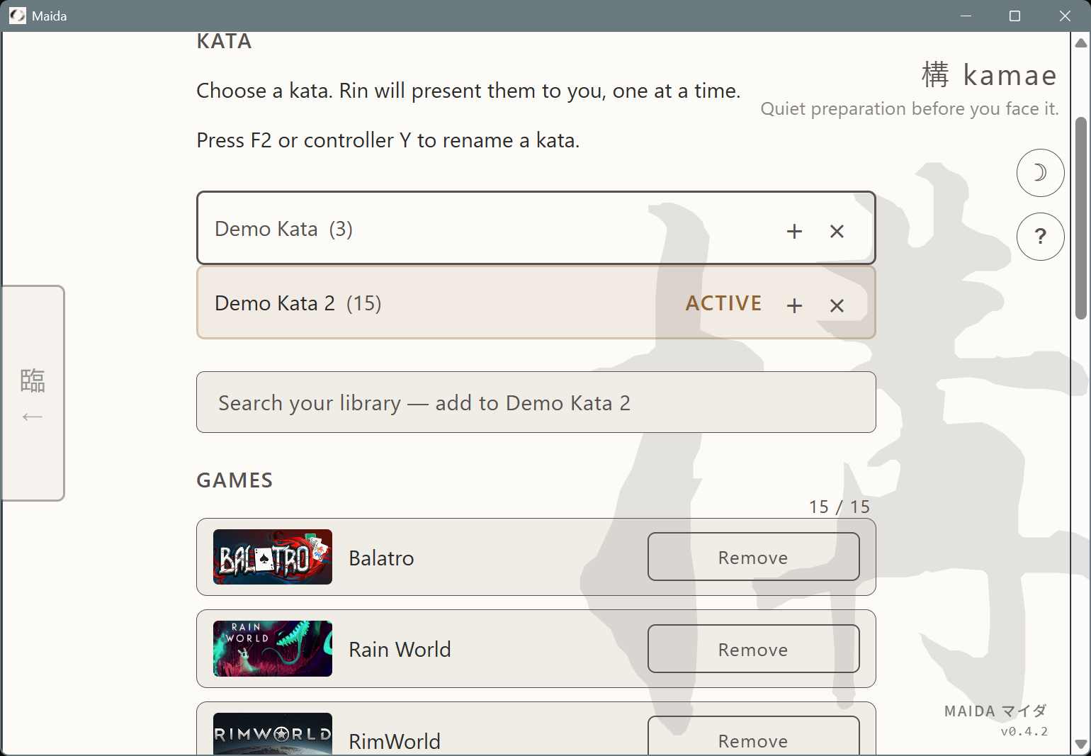 Maida Kamae view showing two katas side by side with one active, search bar, and Steam game covers