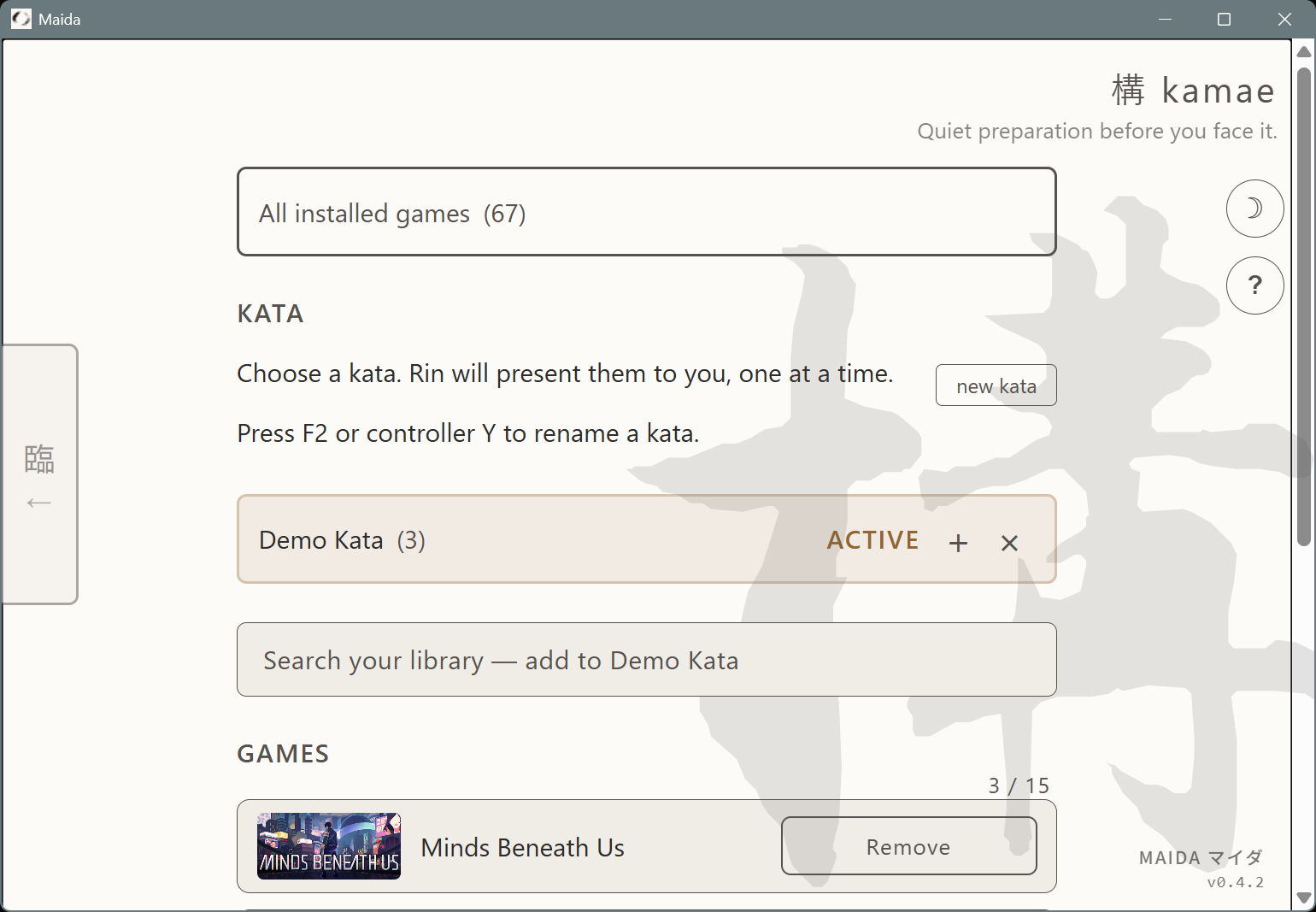Maida Kamae view: game library with Kata groupings (light)