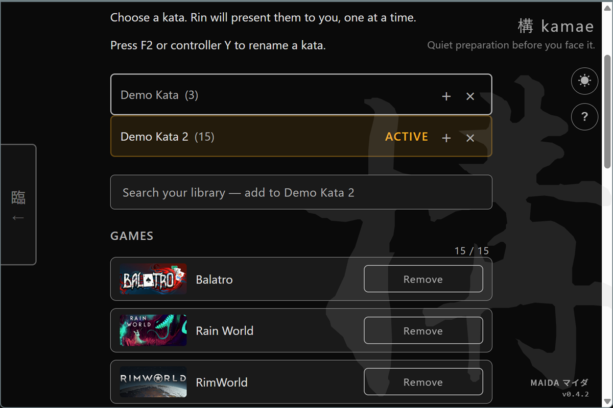 Maida Kamae view showing two katas side by side with one active, search bar, and Steam game covers